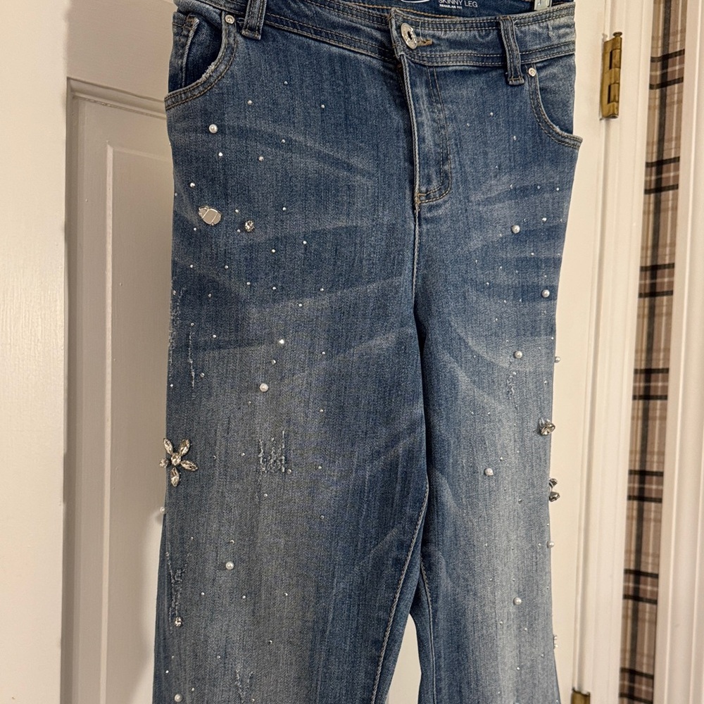 INC International Concepts Blue Embellished Skinny Jeans - Picture 3 of 10